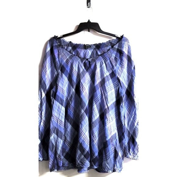 Lane Bryant Tops - Lane Bryant Blue Plaid Cotton Lightweight Off the Shoulder Peasant Blouse 22/24